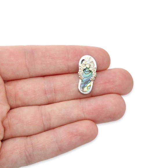 Vintage Sterling Silver Abalone Shell Flip Flop Sandal Pendant Hawaiian Plumeria - Picture 3 of 4